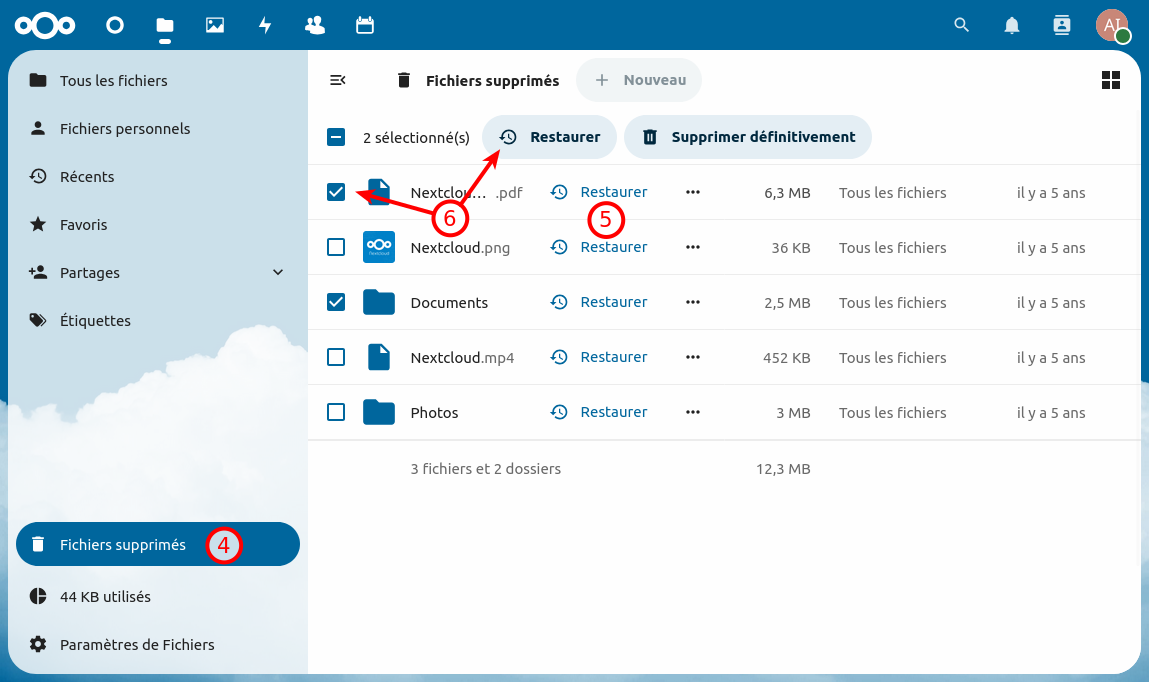 Dans les fichiers supprimés Nexctloud, sélectionner et restaurer